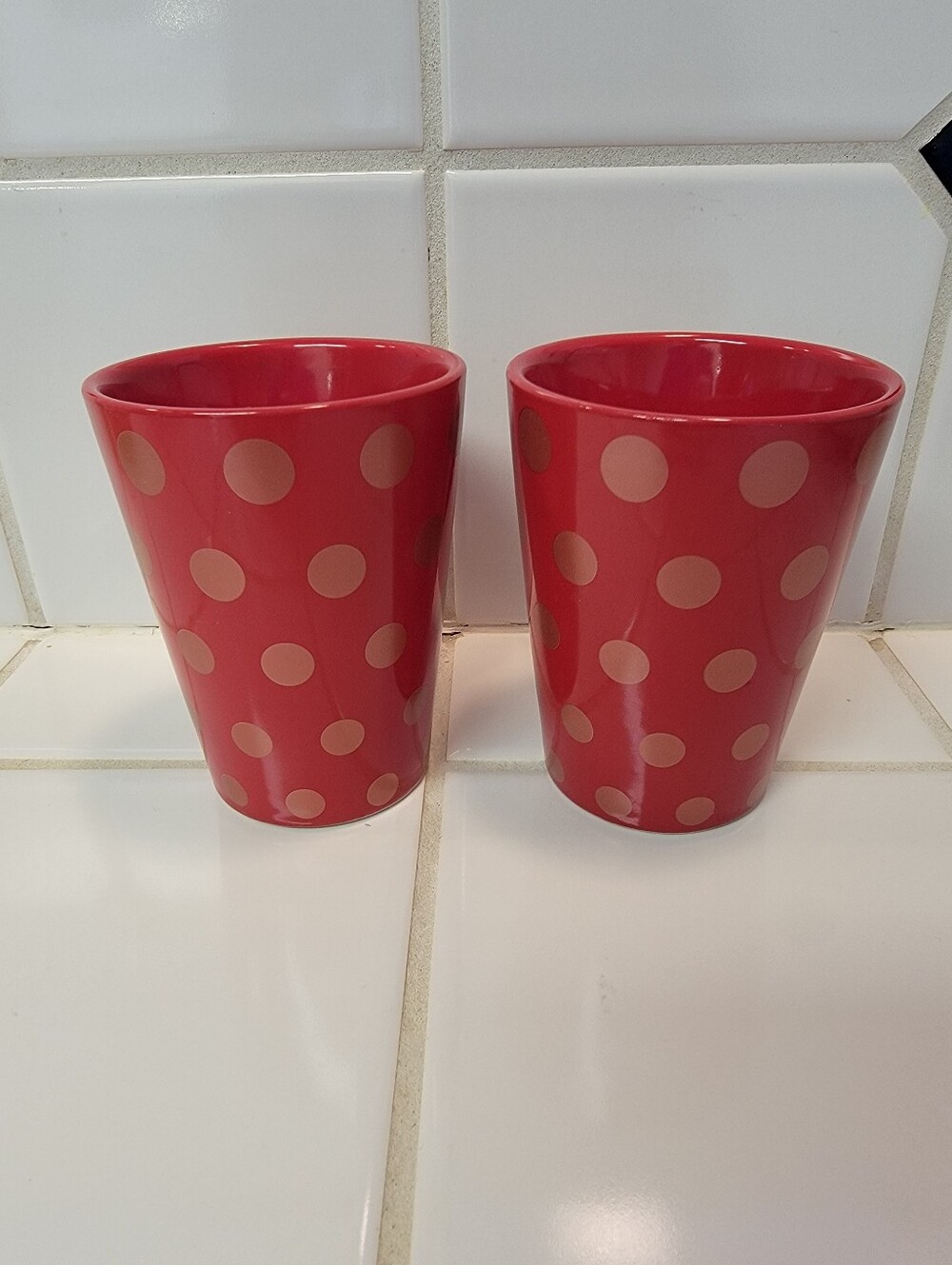 Crate & Barrel Red Polka Dot Ceramic Coffee Mugs - Set of 2